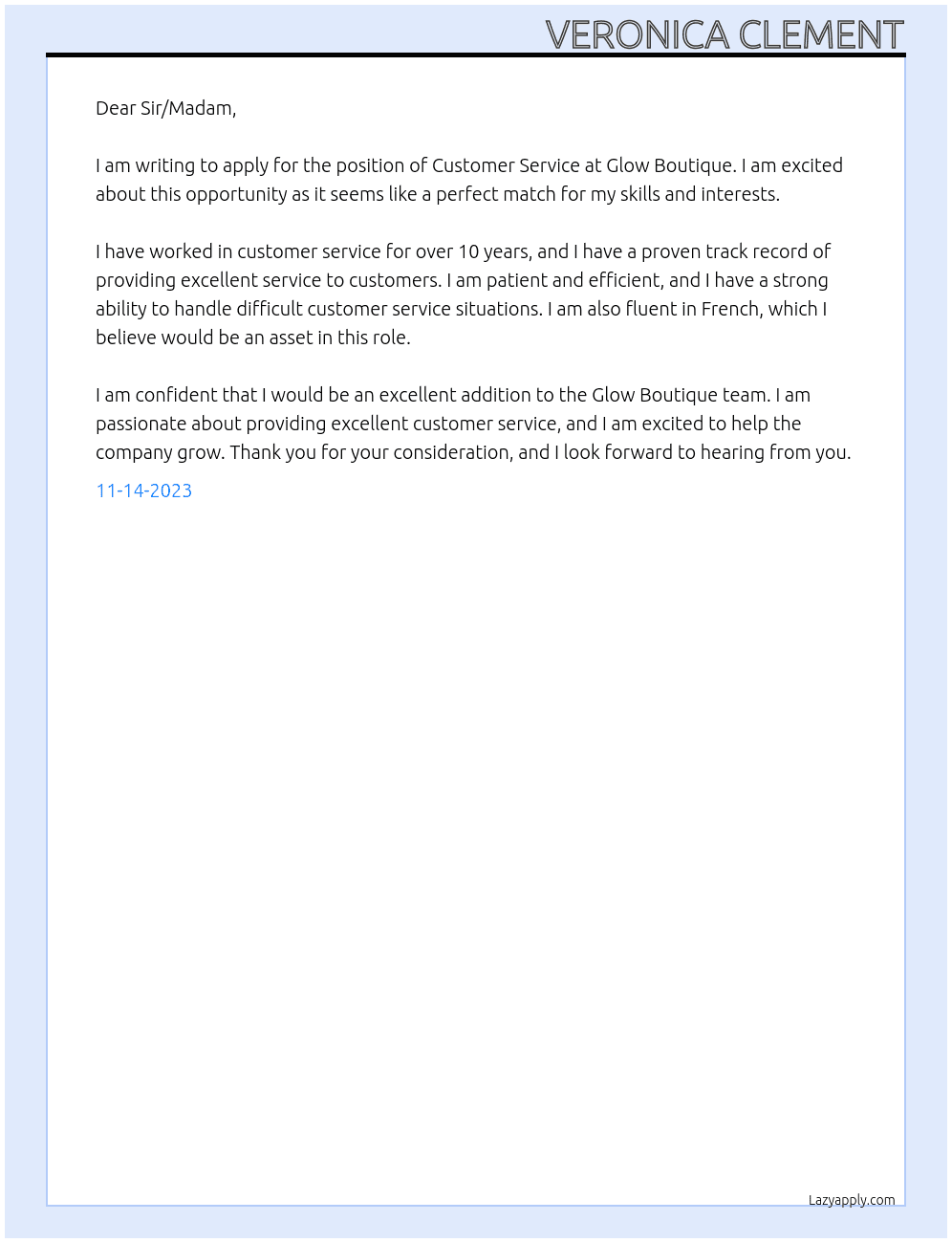 Customer service At Glow Boutique Cover Letter