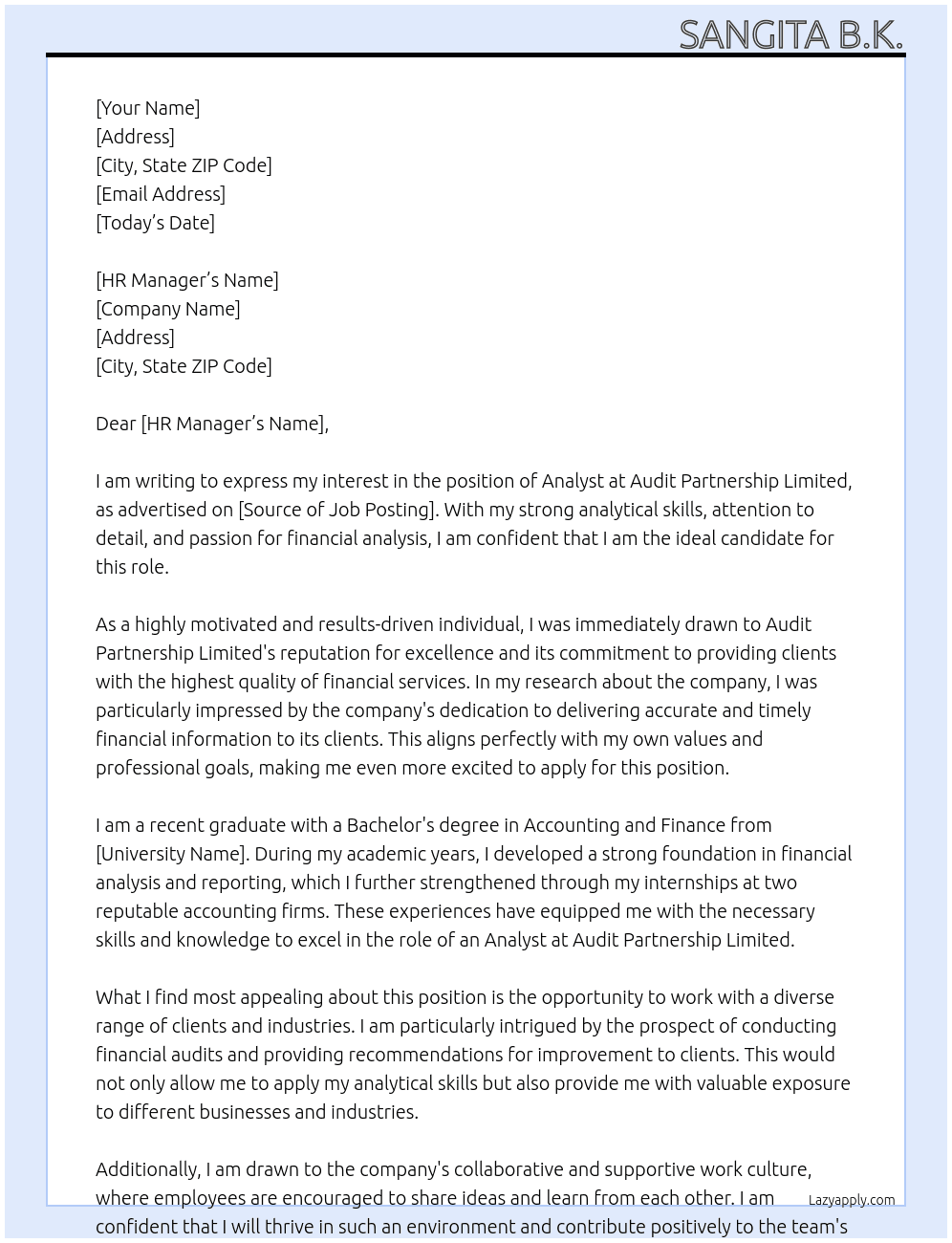 analyst At Audit Partnership Limited Cover Letter
