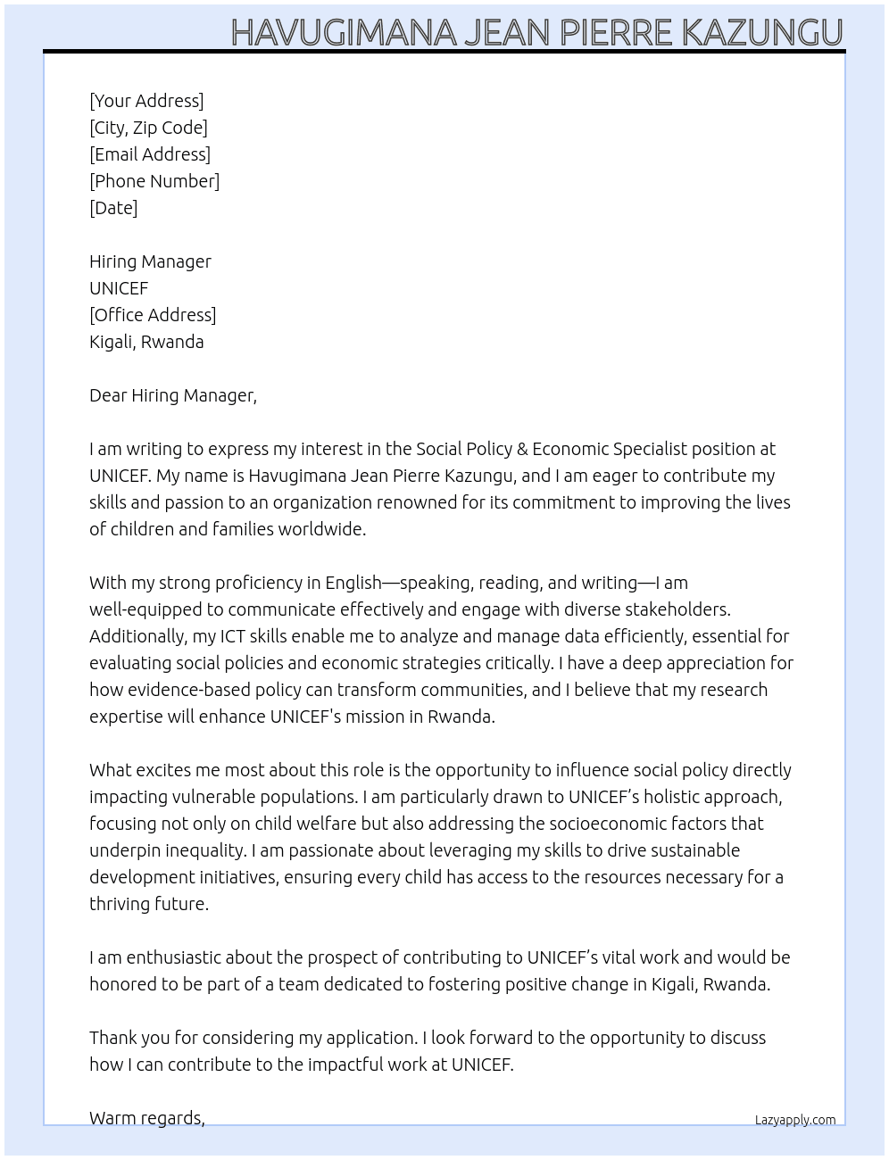 Cover letter for social policy & economic specialist - LazyApply