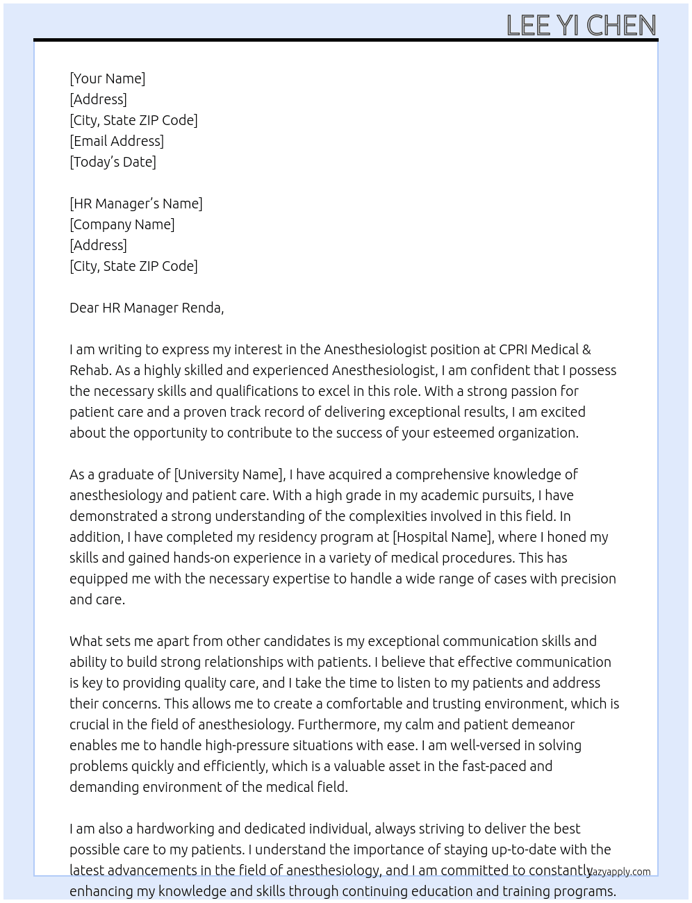 Anesthesiologist At CPRI Medical & Rehab  Cover Letter