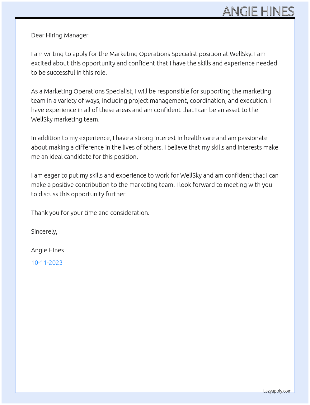 Marketing Operations Specialist At WellSky Cover Letter