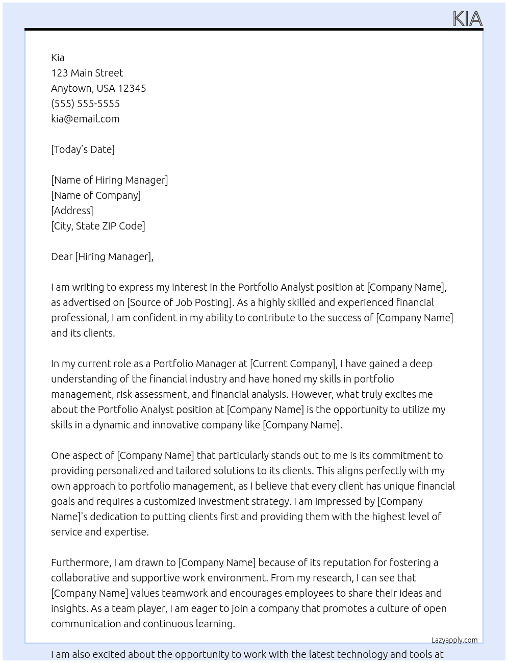 portfolio analyst At sha Cover Letter