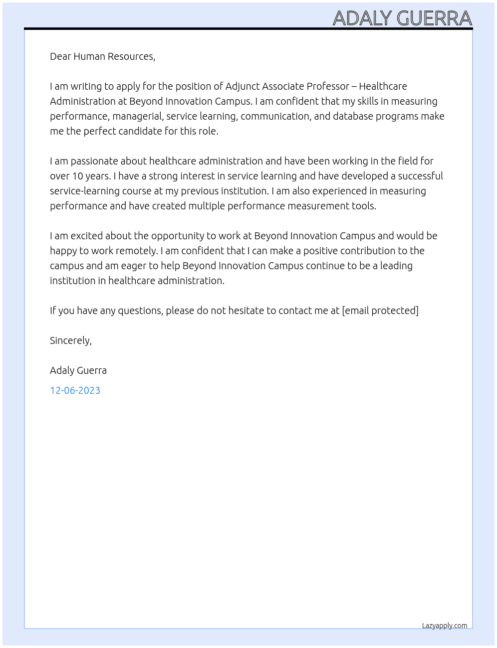 Adjunct Associate Professor – Healthcare Administration  At Beyond Innovation Campus Cover Letter
