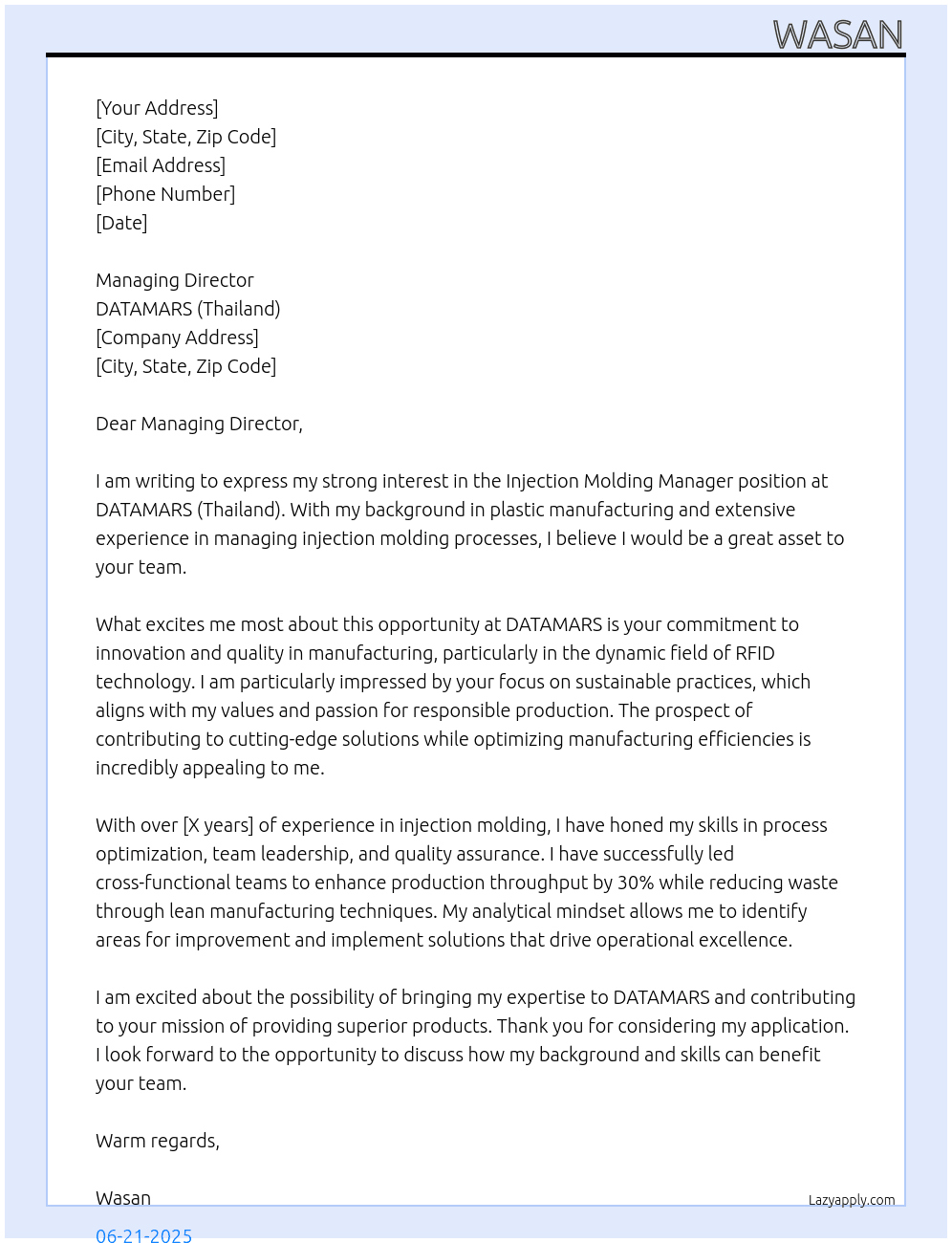 Cover letter for injection molding manager - LazyApply