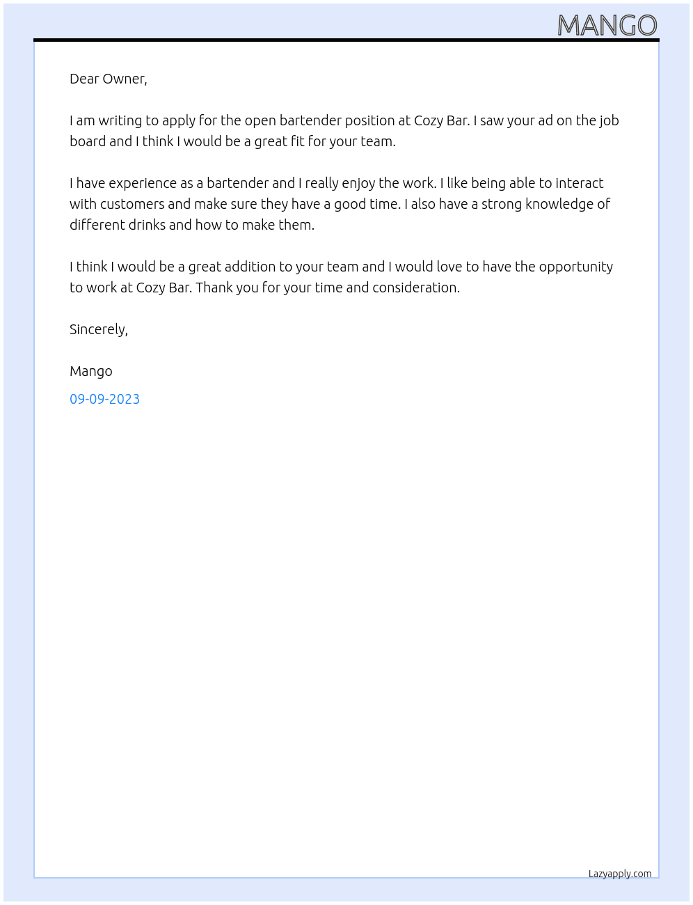 Bartender At Cozy Bar Cover Letter