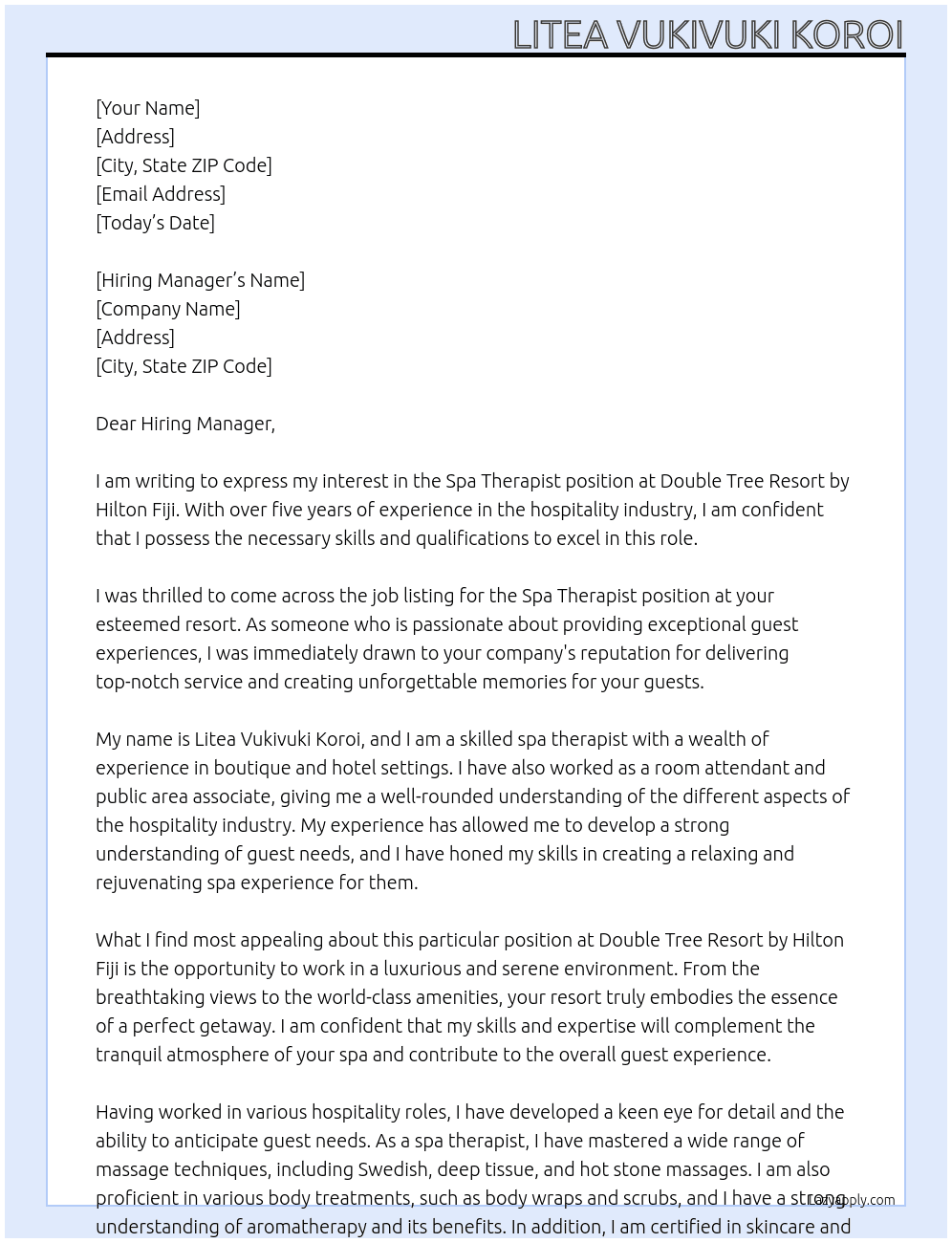 Spa Therapist At Doubke Tree Resort by Hilton Fiji Cover Letter