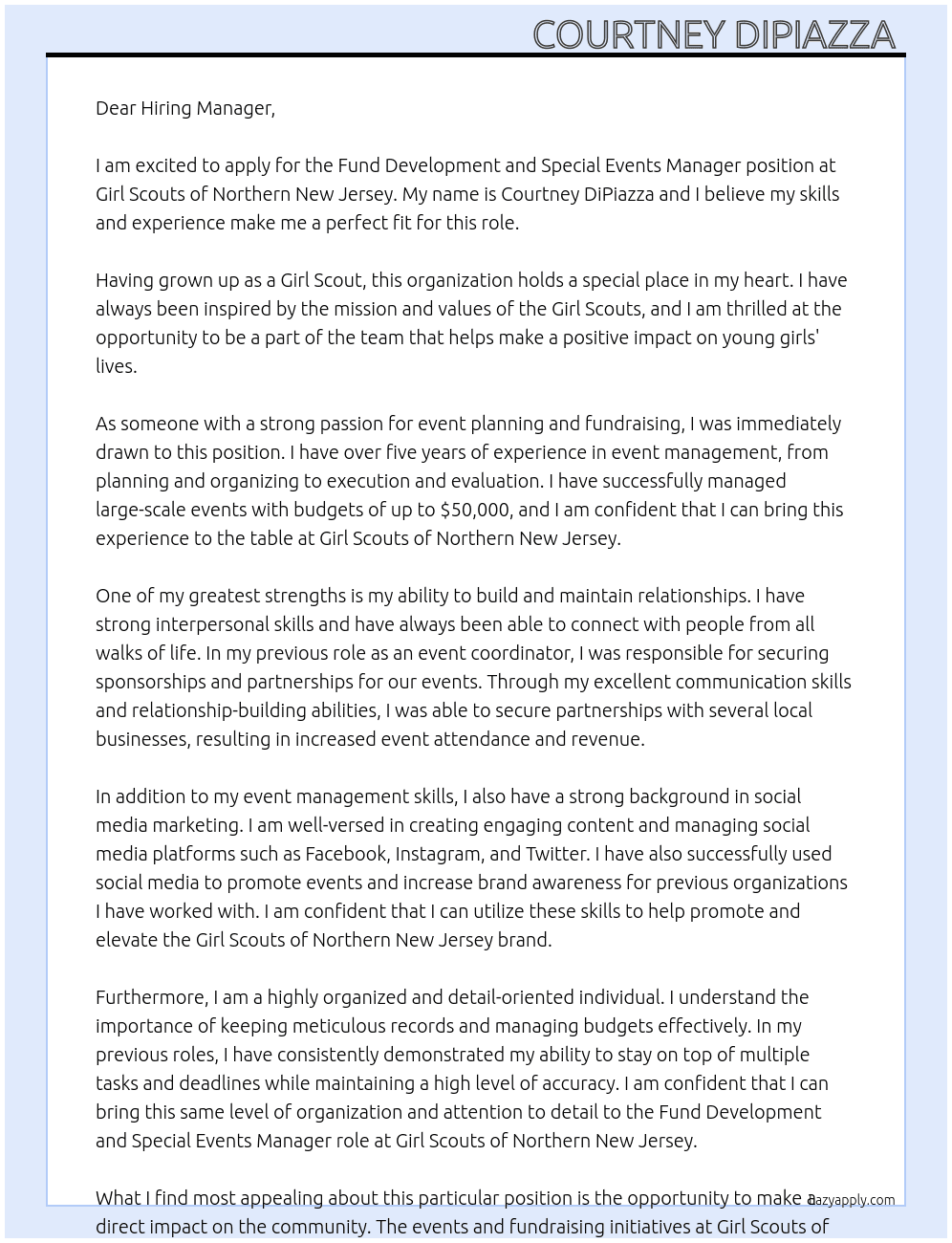 Fund Development and Special Events Manager At Girl Scouts of Northern New Jersey  Cover Letter