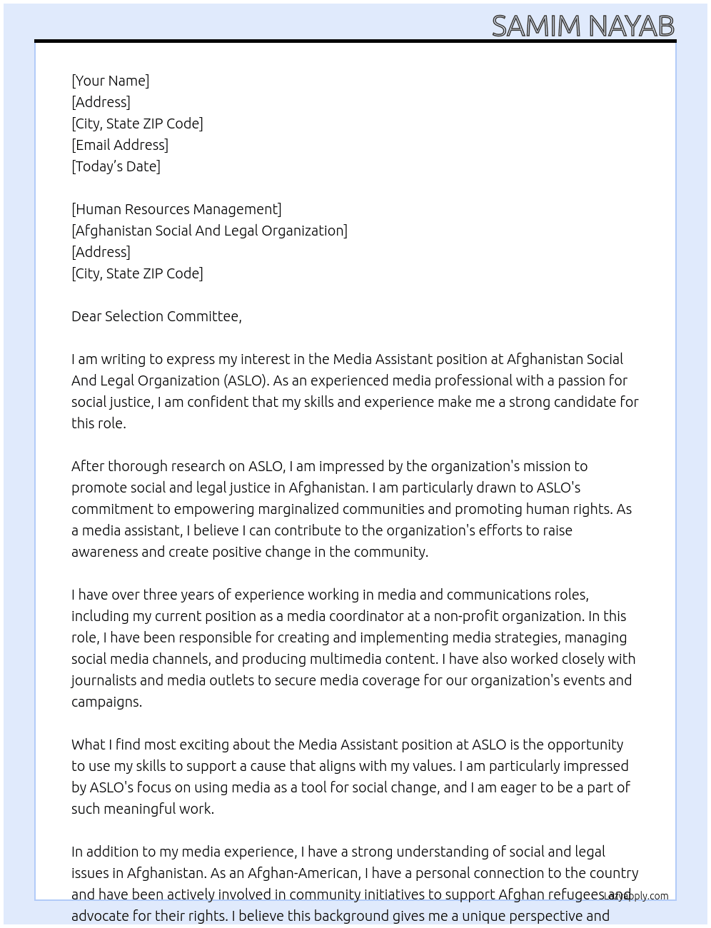 Media Assistant At Afghanistan Social And Legal Organiztion (ASLO) Cover Letter