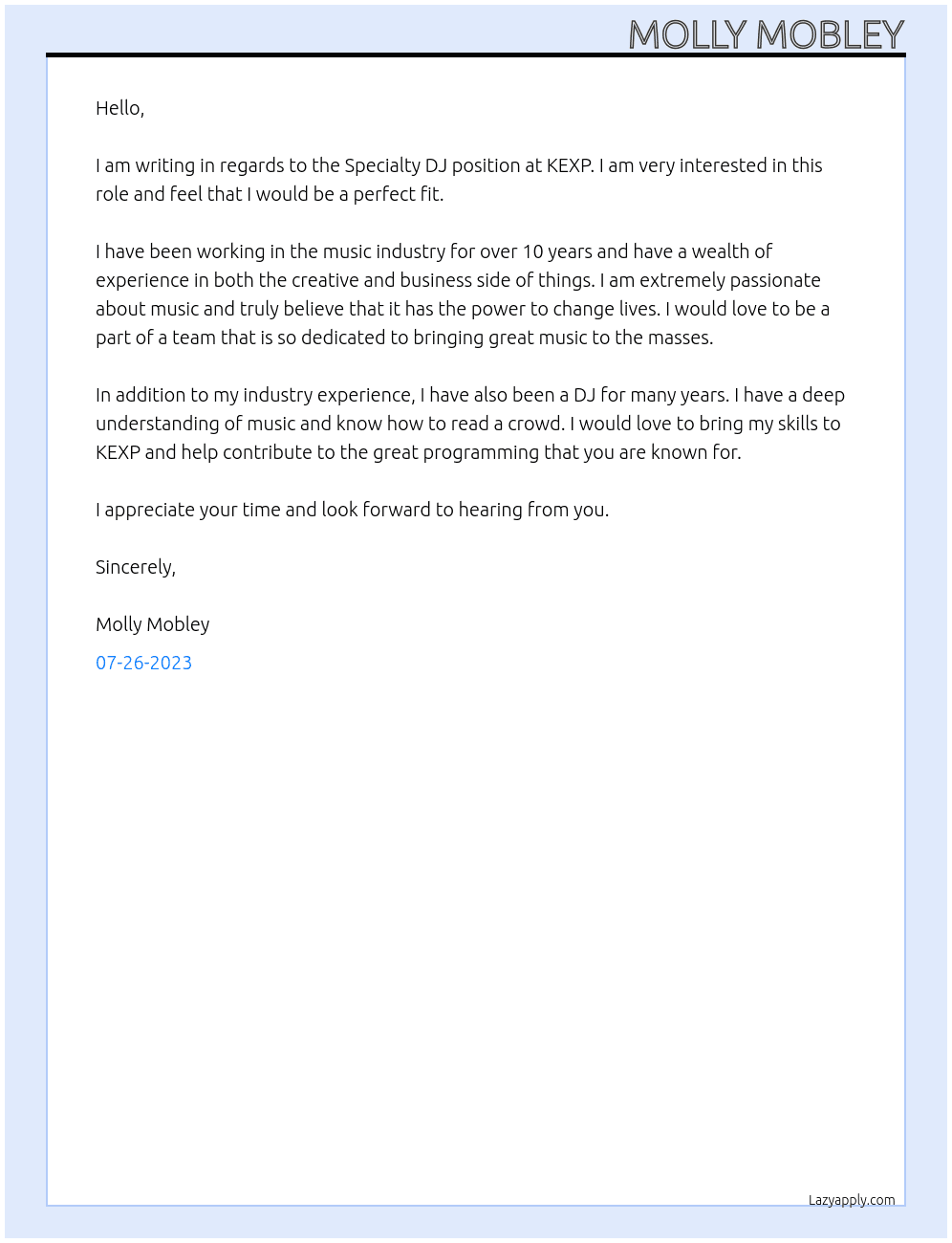 Specialty DJ At KEXP Cover Letter