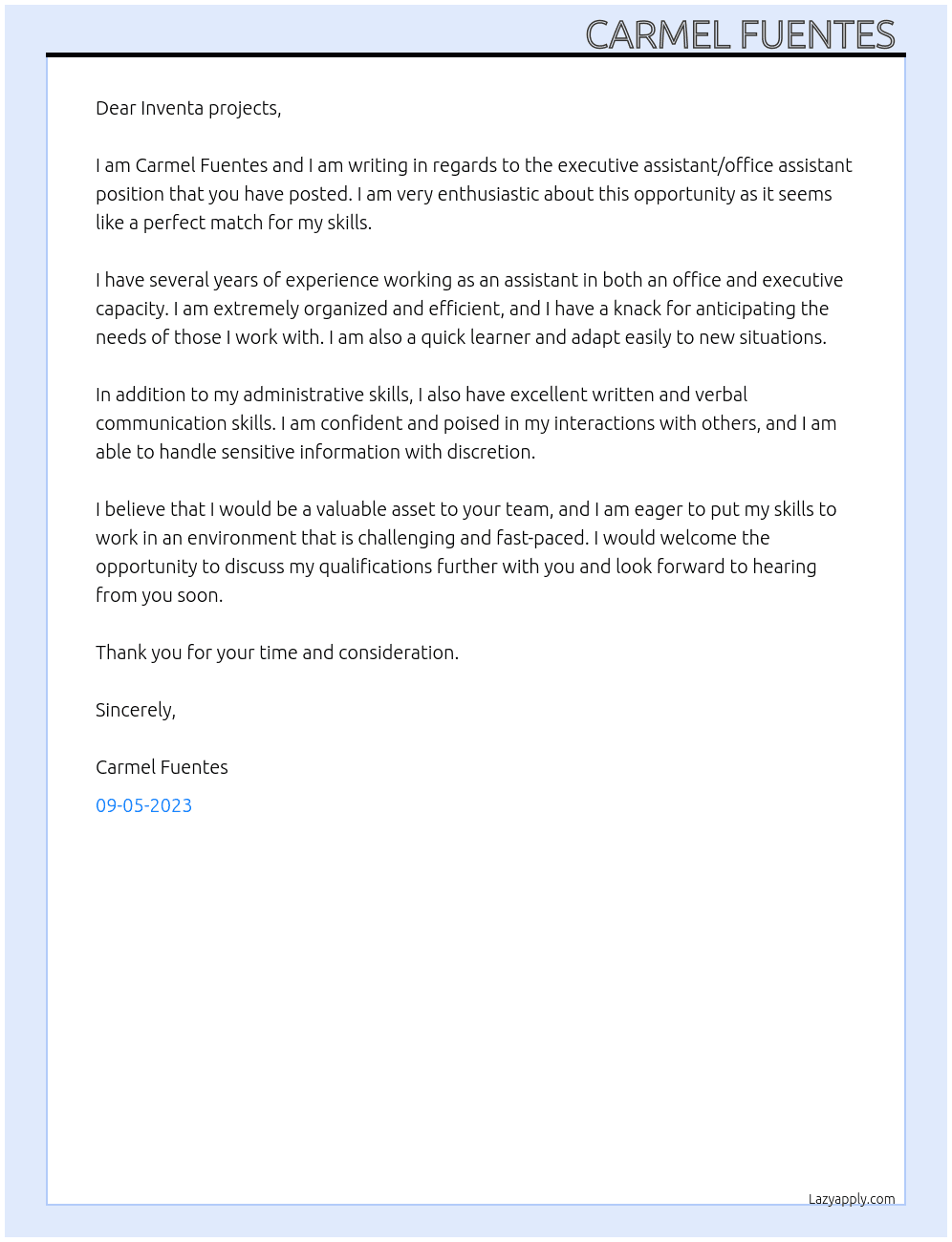 Executive assistant/office assistant  At Inventa projects  Cover Letter