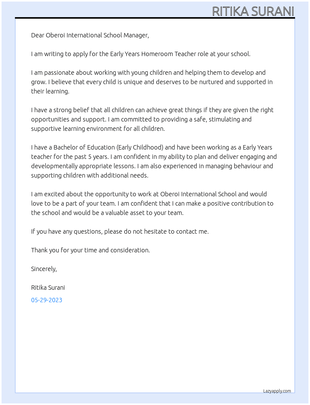 Early Years Homeroom Teacher  At Oberoi International school  Cover Letter