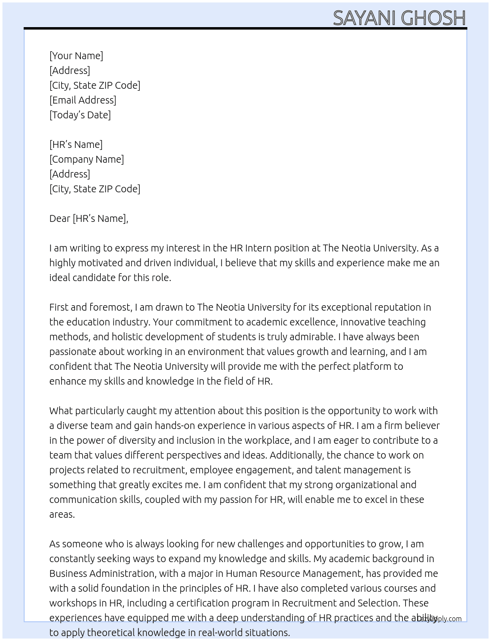 Hr intern At The Neotia University  Cover Letter
