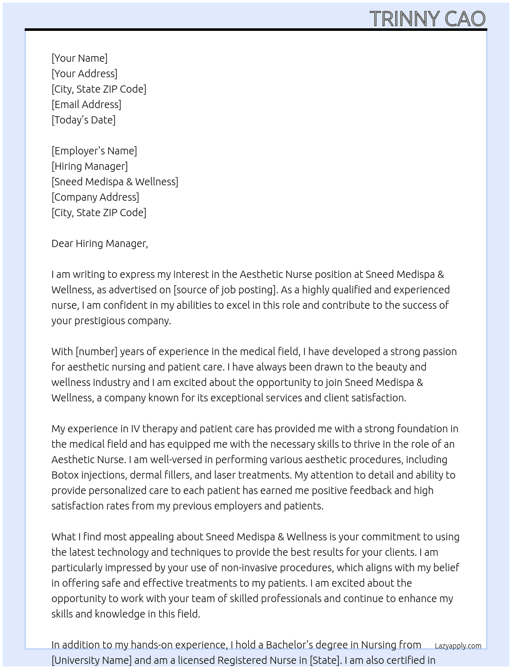 Aesthetic Nurse At Sneed Medispa & Wellness Cover Letter