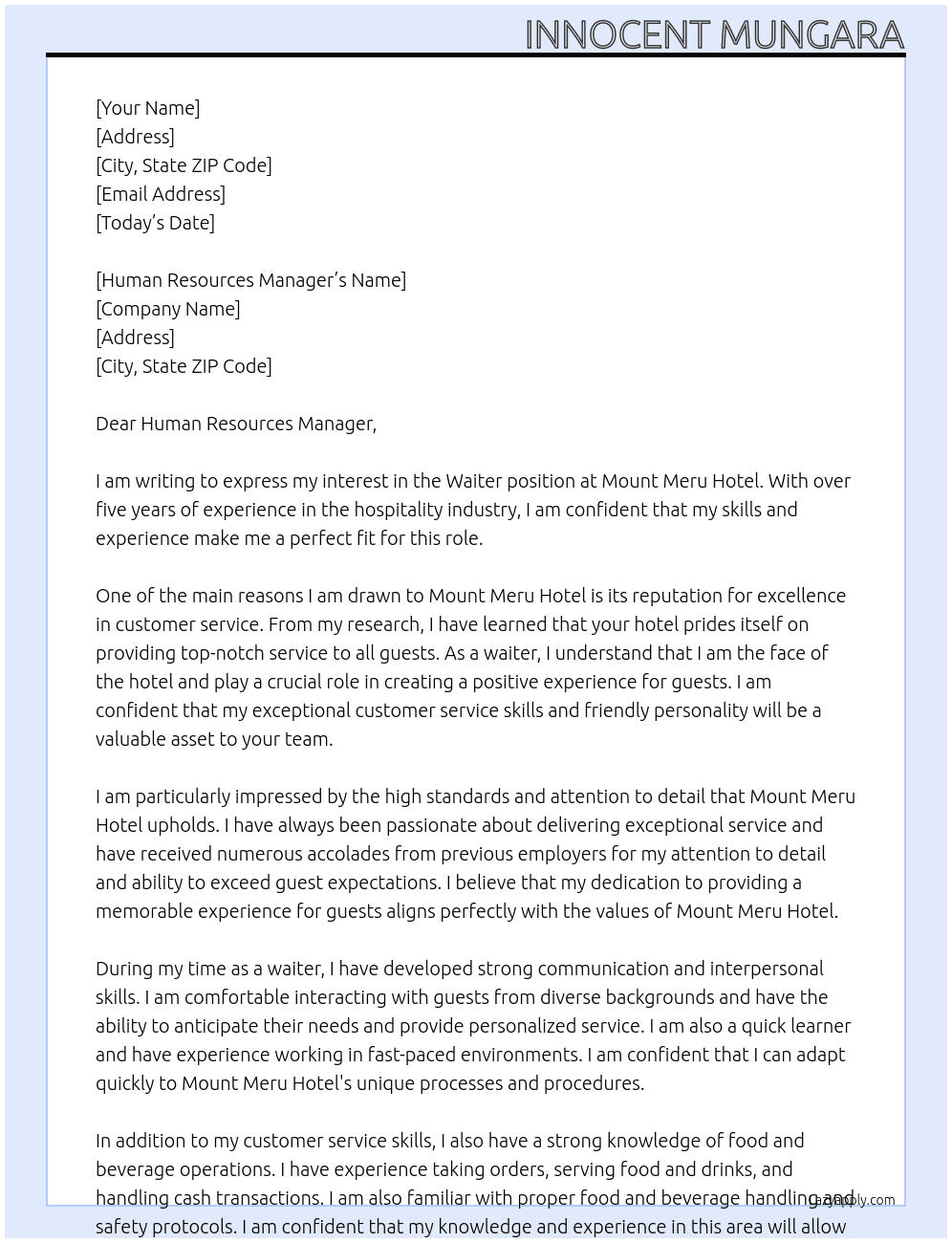 Waiter  At Mount Meru hotel  Cover Letter