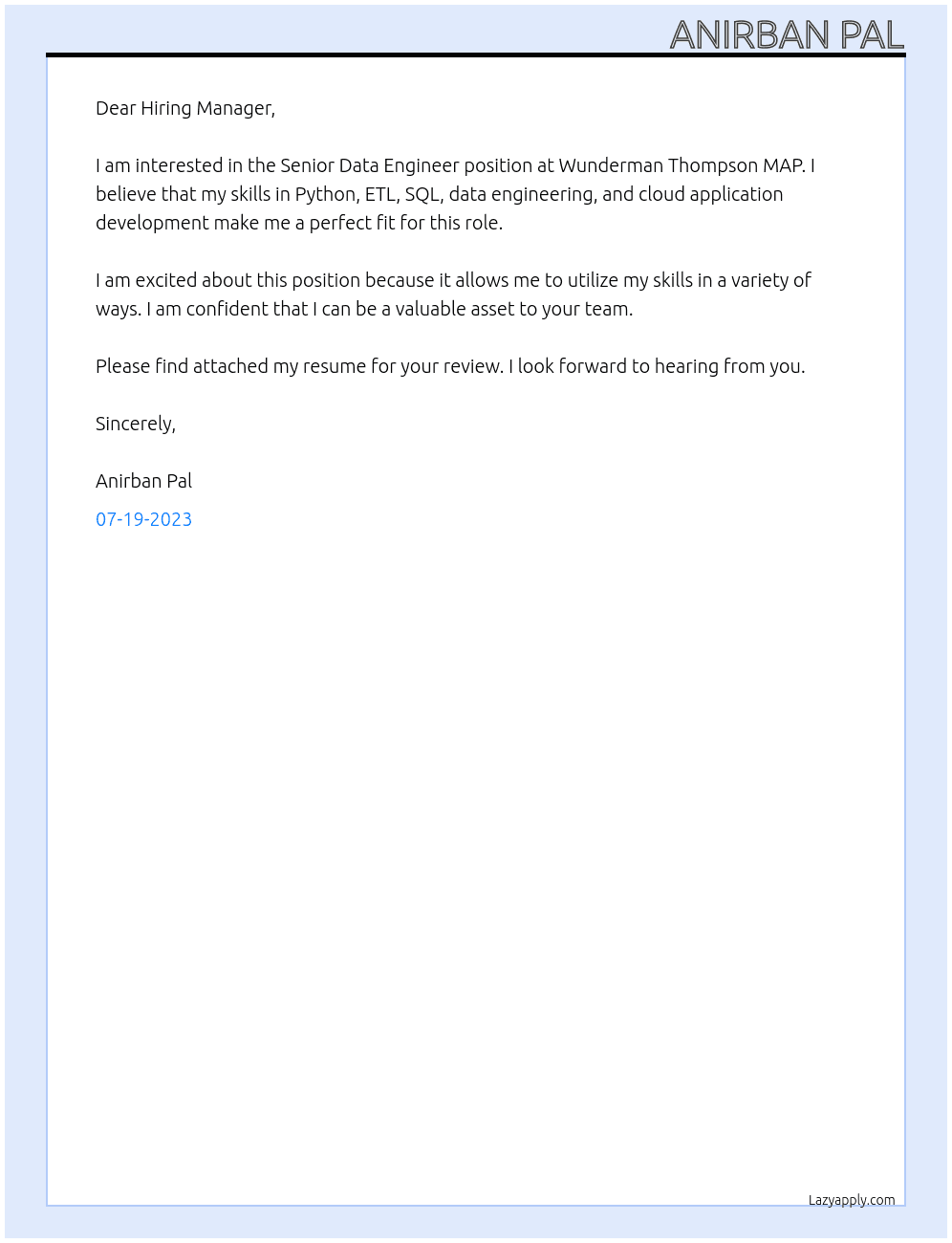 Senior Data Engineer At Wunderman Thompson MAP Cover Letter