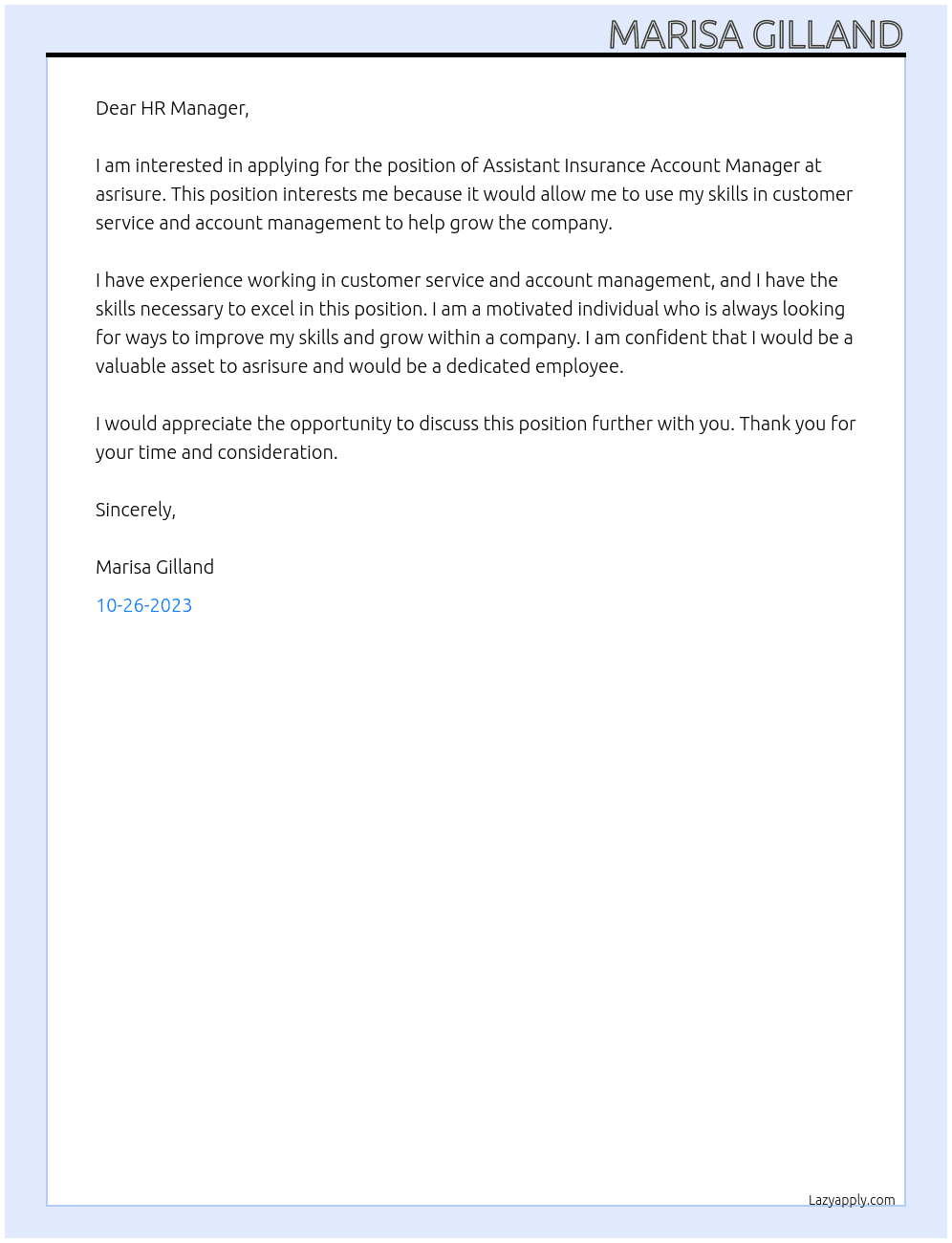 assistant insurance account manager At asrisure Cover Letter