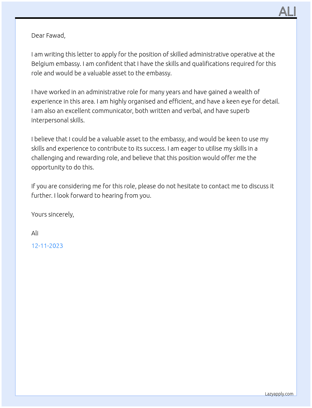 skilled administrative operatives  At belgium embassy Cover Letter
