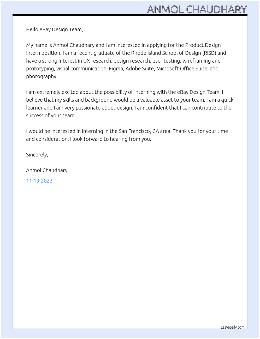 Product Design Intern At eBay Cover Letter