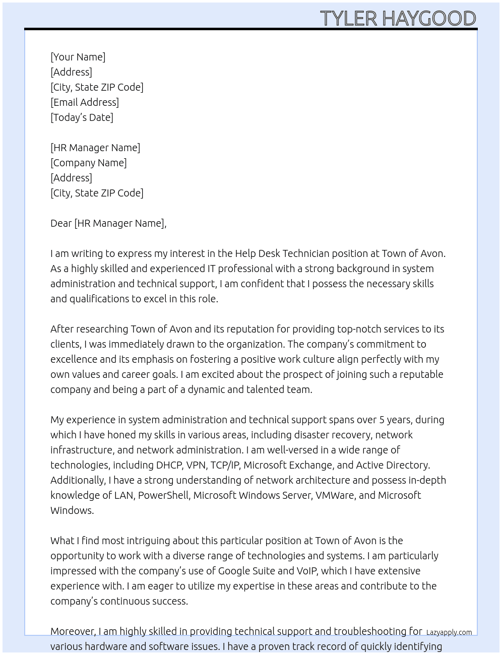 Help Desk Technician At Town of Avon Cover Letter