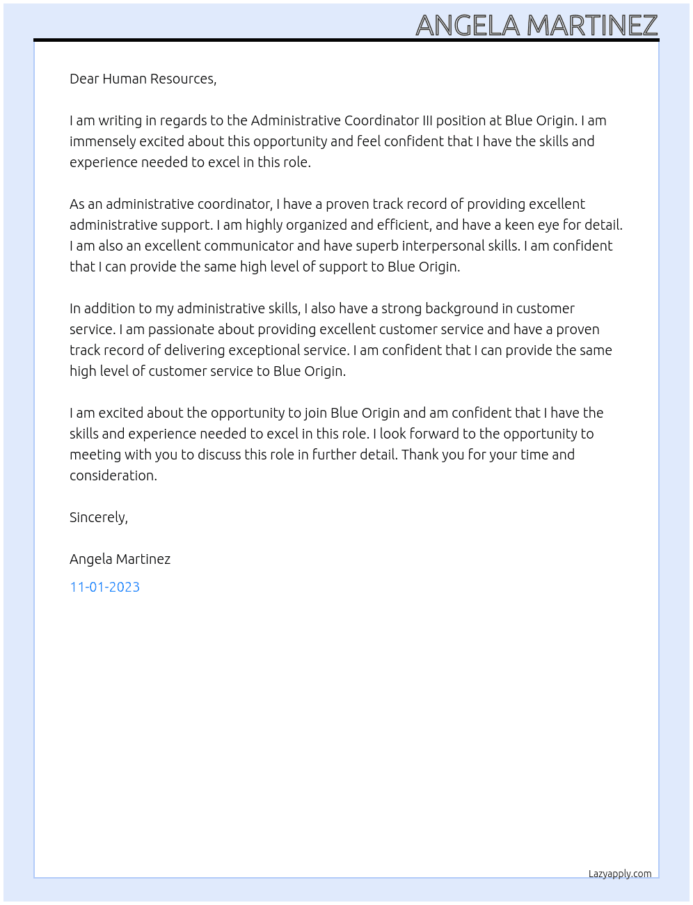Administrative Coordinator III At Blue Origin Cover Letter
