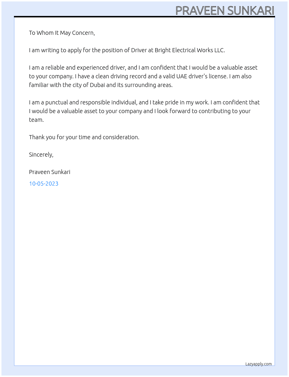 Driver At Bright Electrical Works LLC Cover Letter