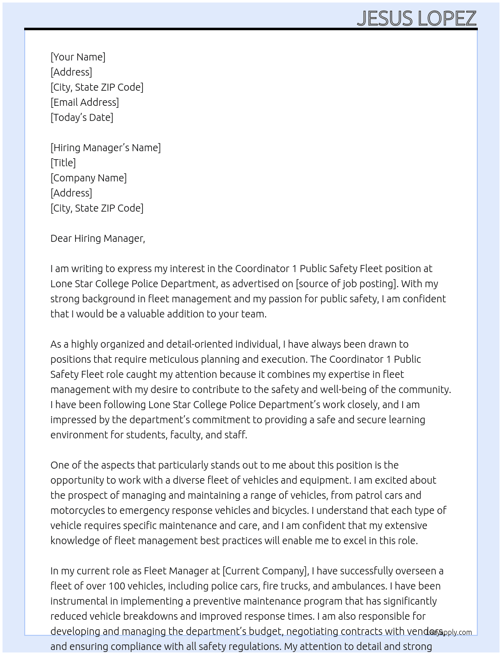 Coordinator 1 Public Safety Fleet At Lone Star College Police Department Cover Letter