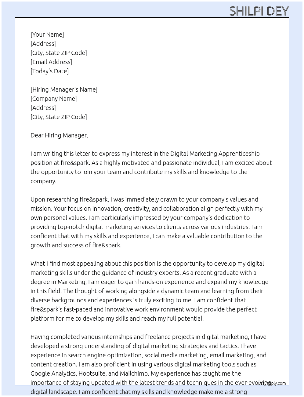 Digital Marketing Apprenticeship At fire&spark Cover Letter