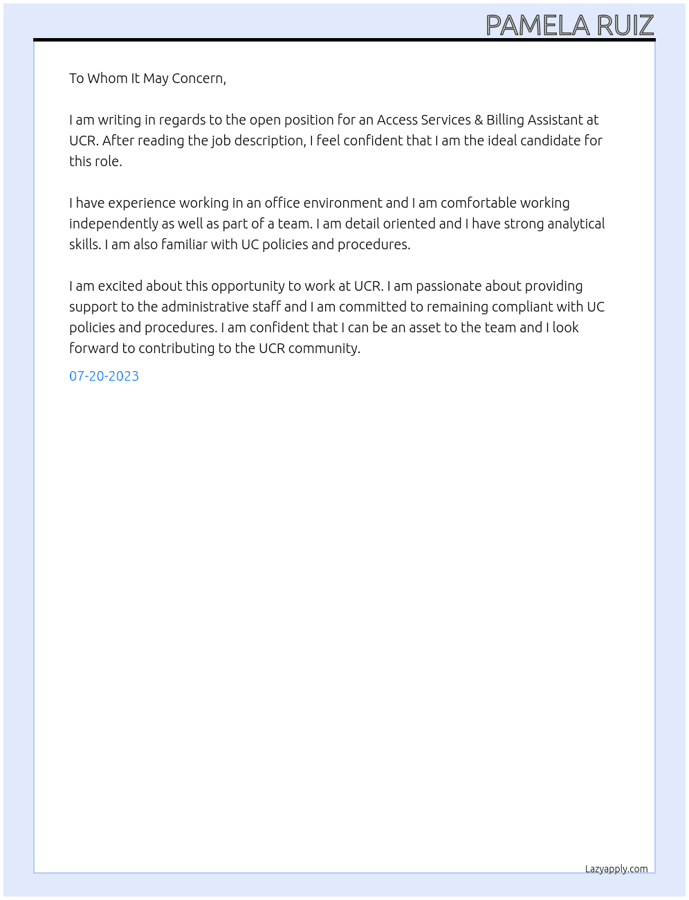 Access Services & Billing Assistant At UCR Cover Letter
