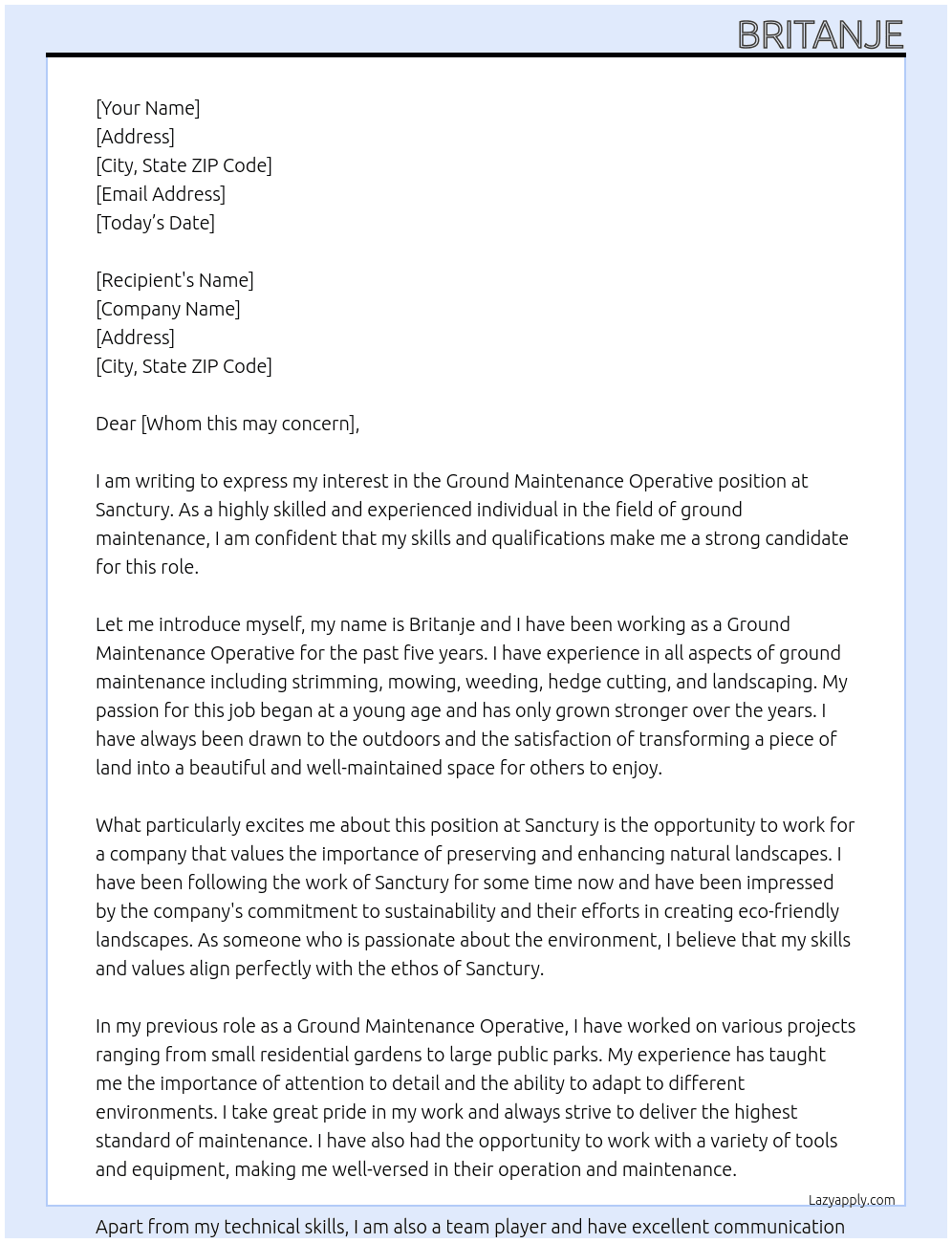 Ground maintenance operative  At Sanctury Cover Letter