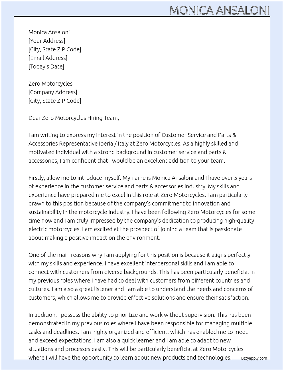 Customer Service and Parts & Accessories Representative Iberia / Italy At Zero Motorcycles Cover Letter