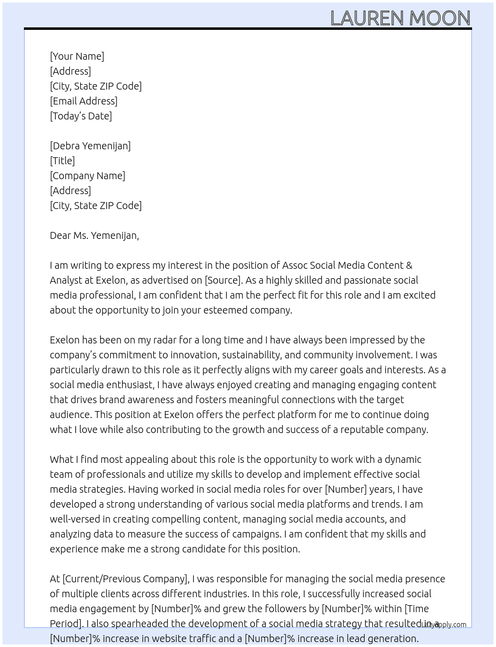 Assoc Social Media Content  &Analyst  At Exelon Cover Letter