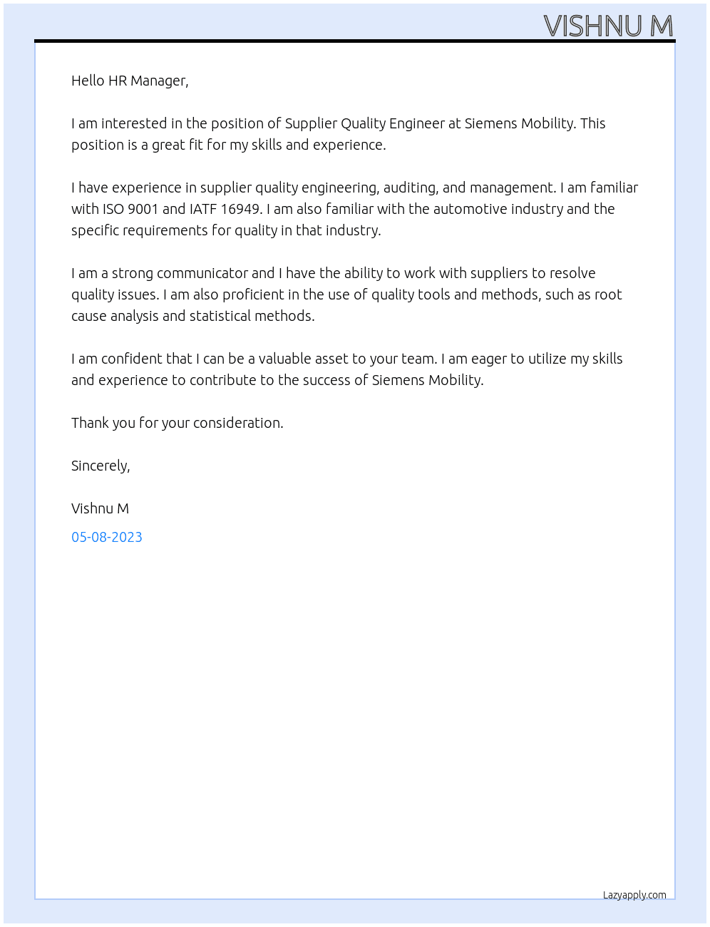 Supplier Quality Engineer At Siemens Mobility Cover Letter