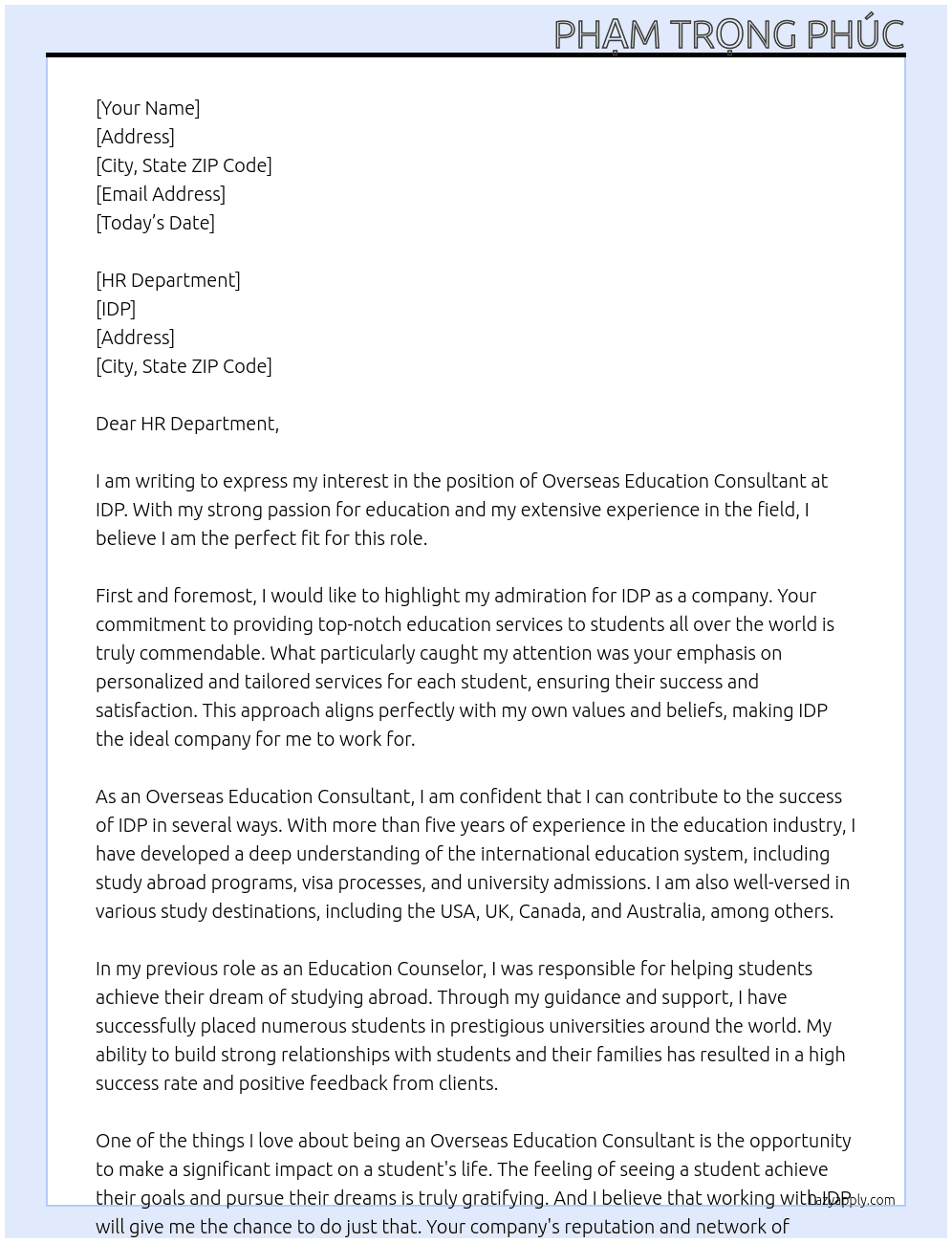 overseas education consultant At IDP Cover Letter