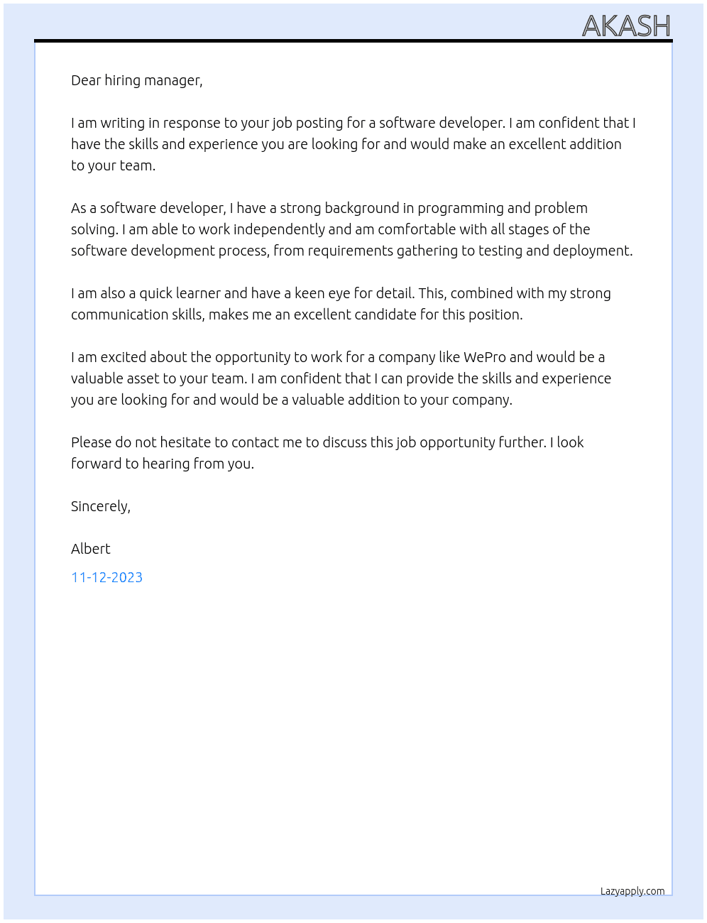 software davloper At wepro Cover Letter