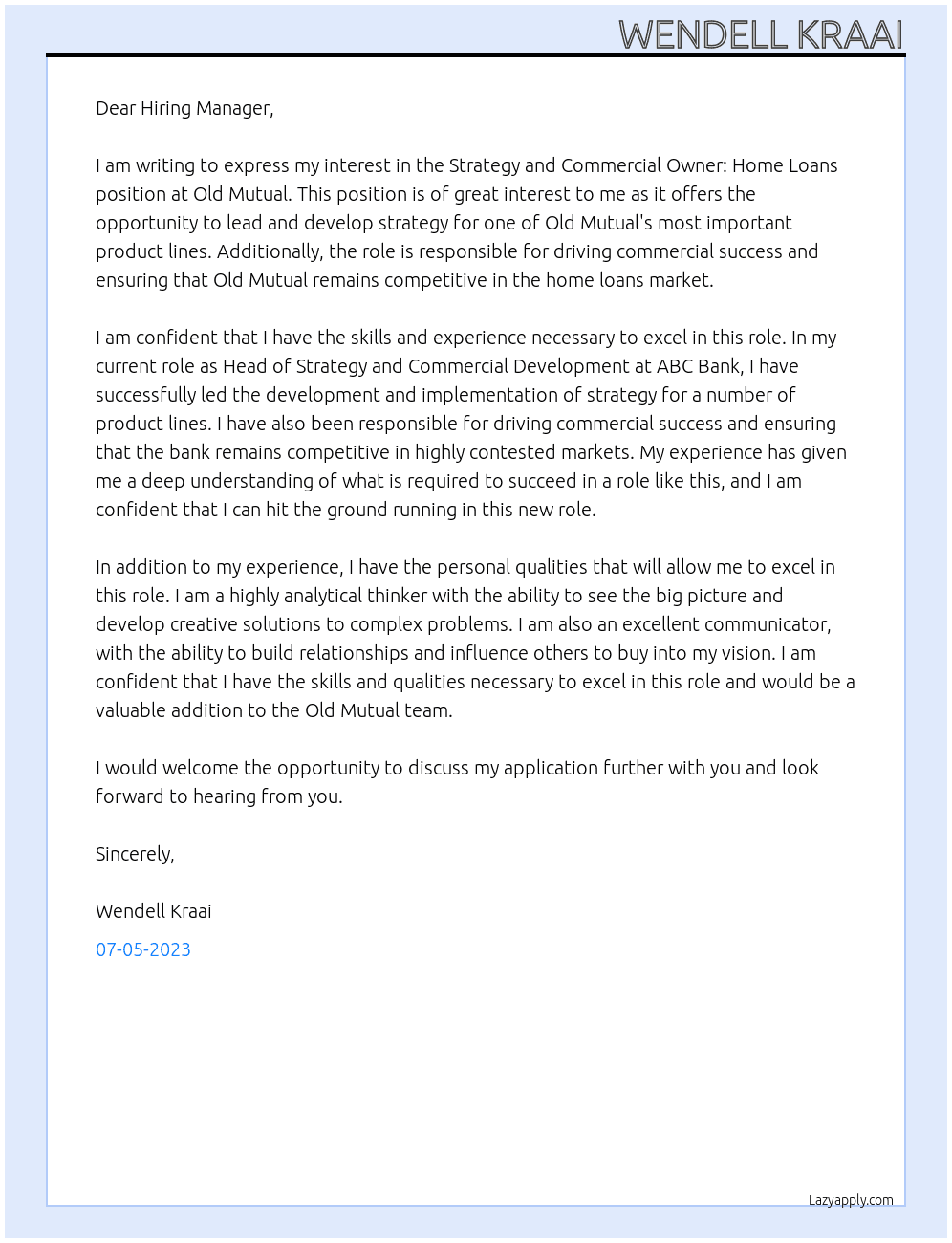 Strategy and Commercial Owner: Home Loans At Old Mutual  Cover Letter