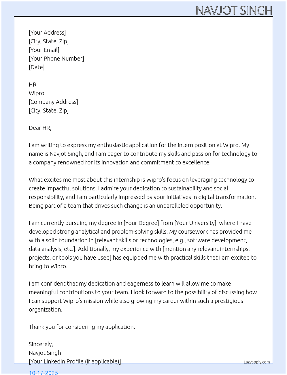 intern At wipro  Cover Letter