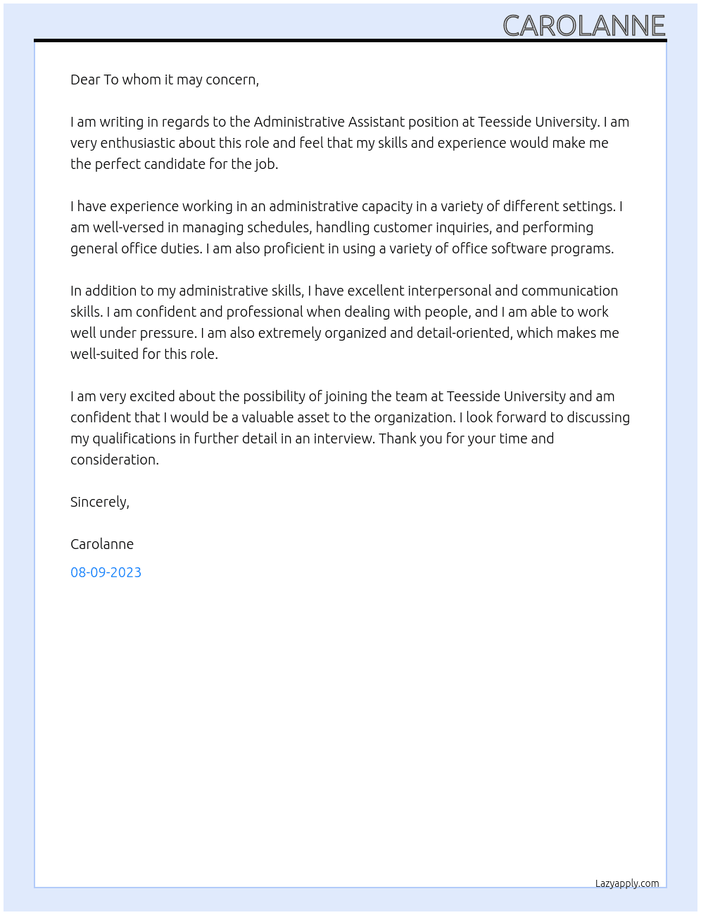 Administrative Assistant At Teesside University Cover Letter