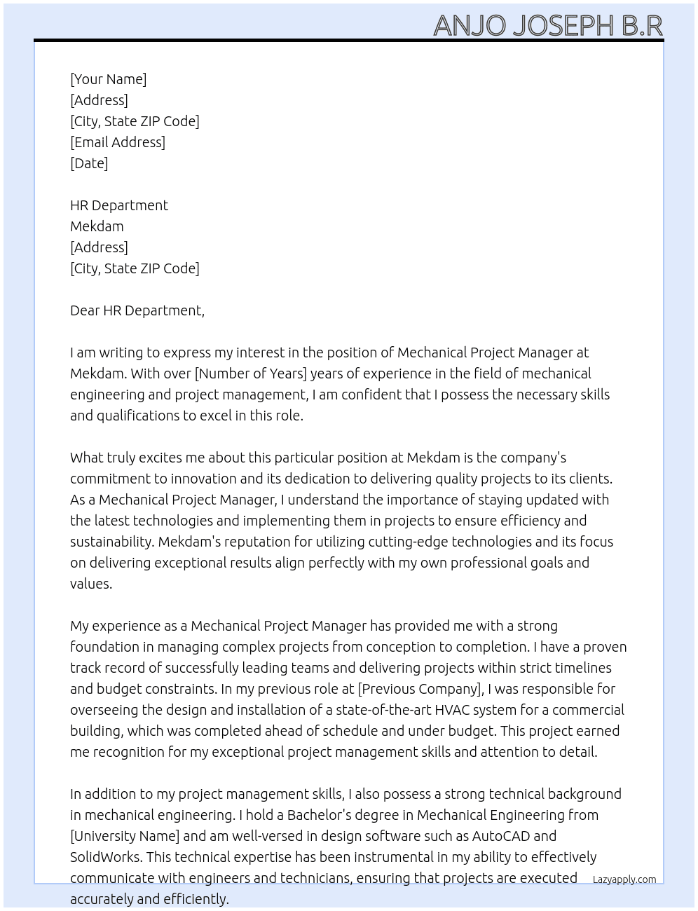 Mechanical Project Manager  At Mekdam Cover Letter
