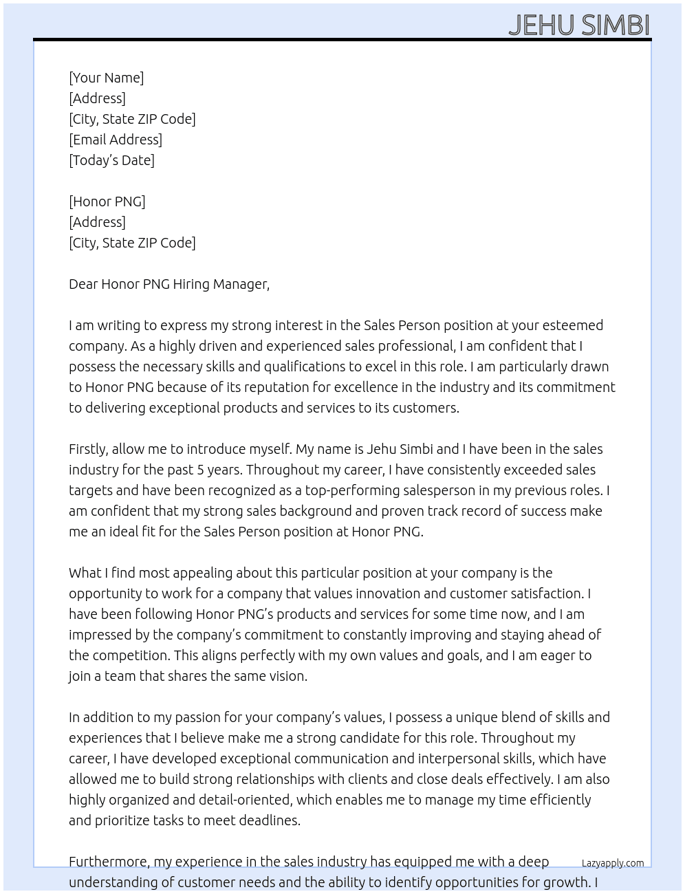 Sales Person  At HONOR PNG Cover Letter
