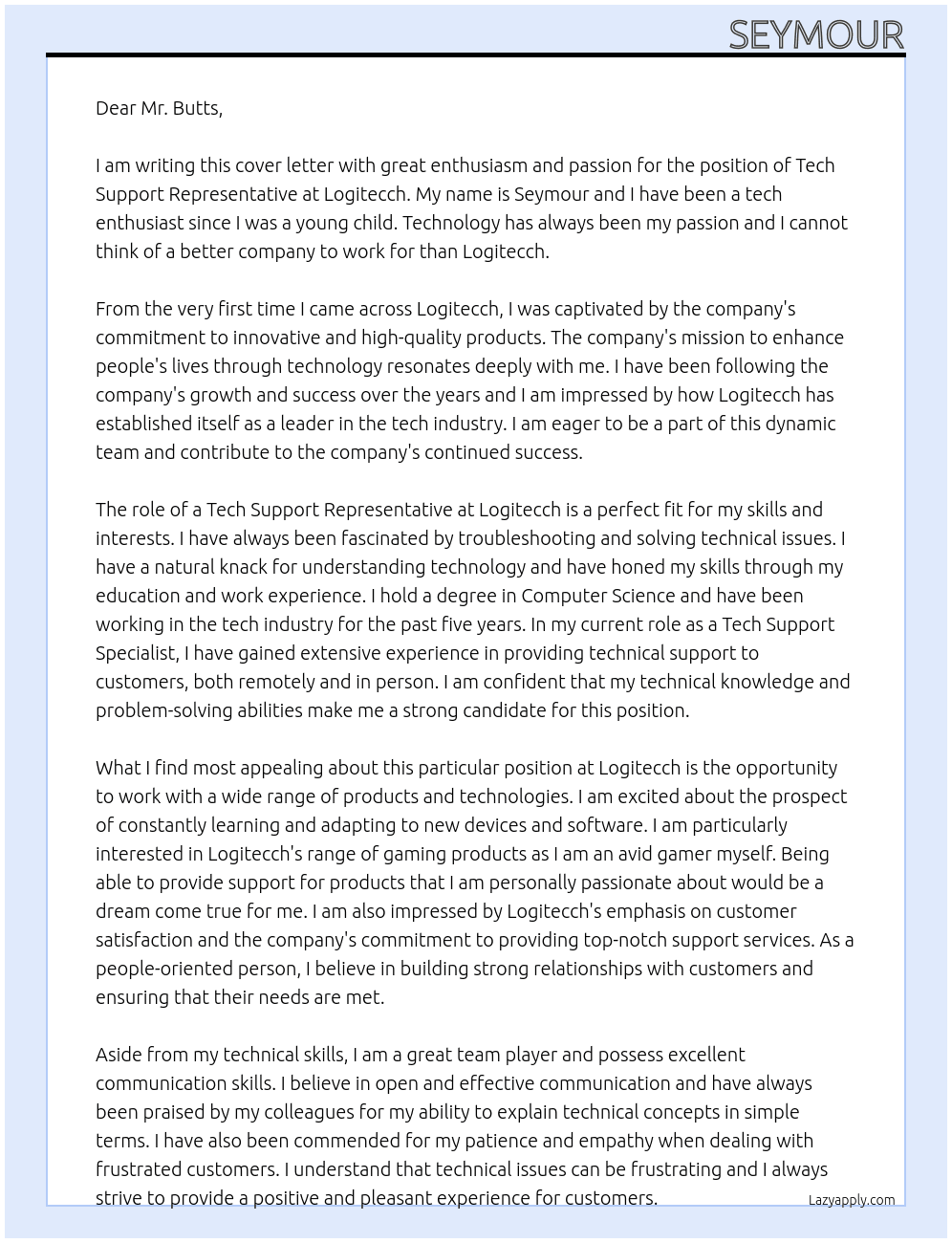 Tech Support Representative At Logitecch Cover Letter