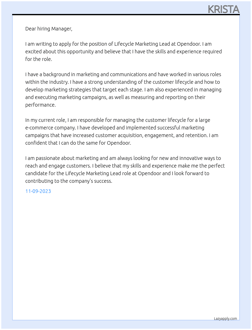 Lifecycle Marketing Lead At Opendoor Cover Letter