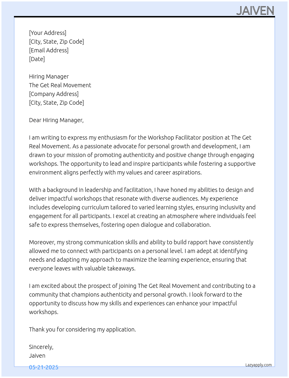 Cover letter for workshop facilitator - LazyApply
