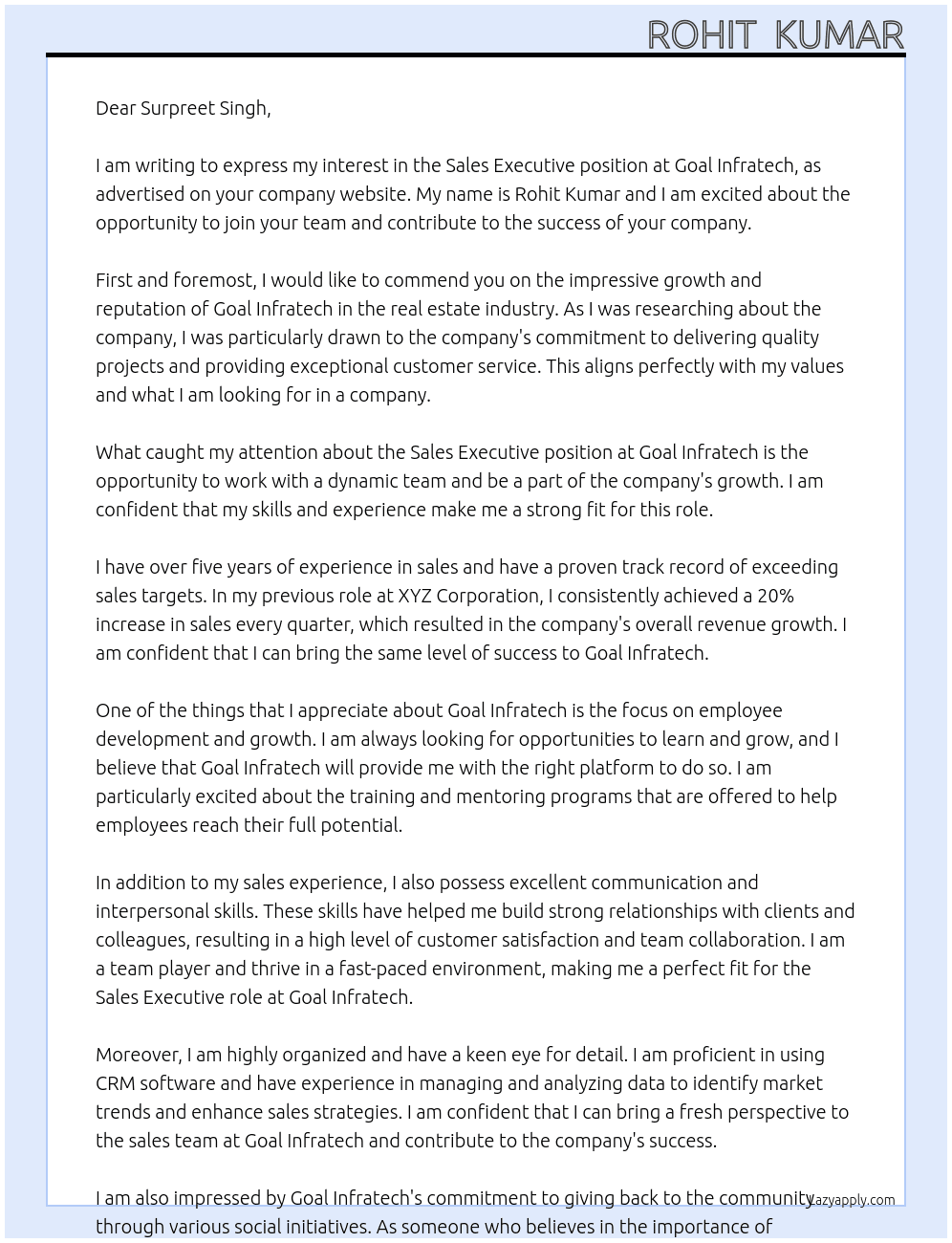 sales executive At goal infratech Cover Letter