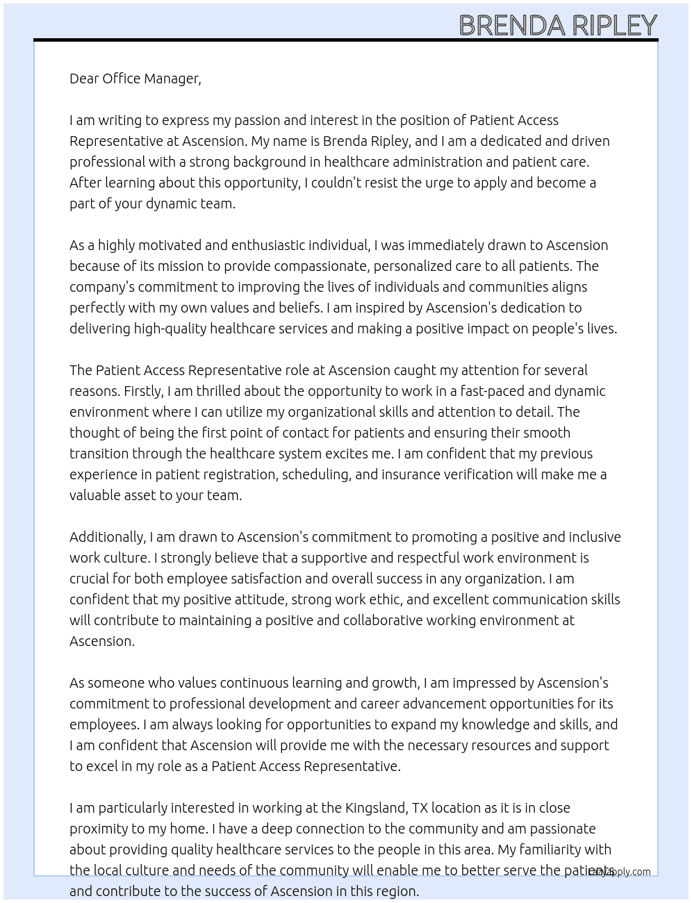 Patient Access Representative At Ascension Cover Letter