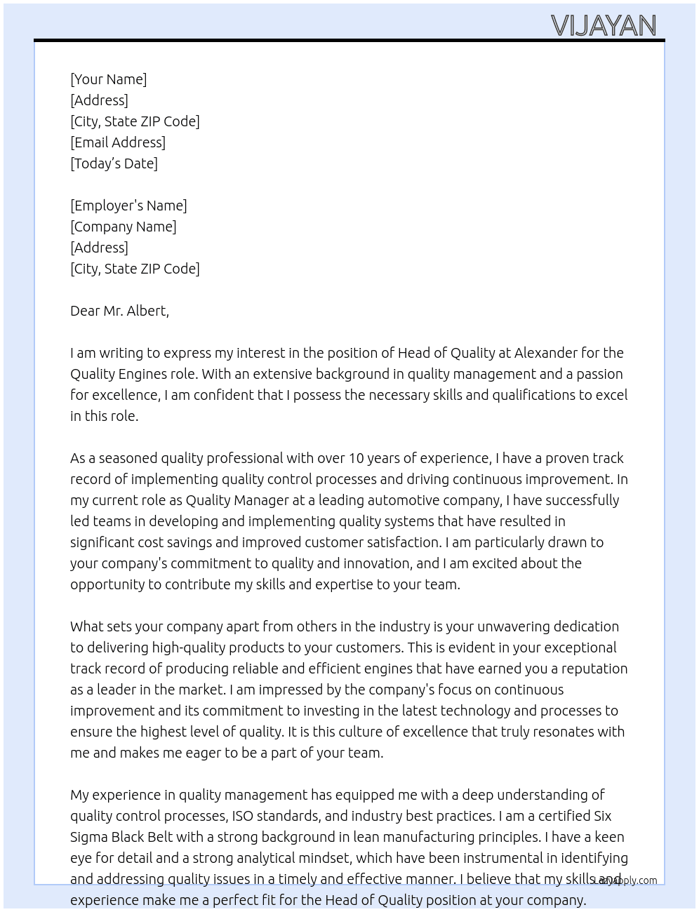 Head of quality  At Alexander Cover Letter