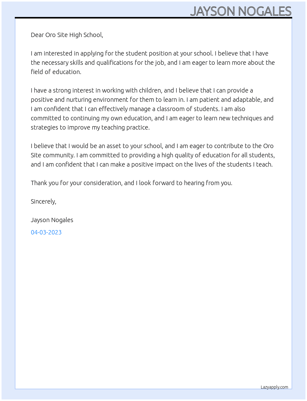 Student At Oro Site High School Cover Letter