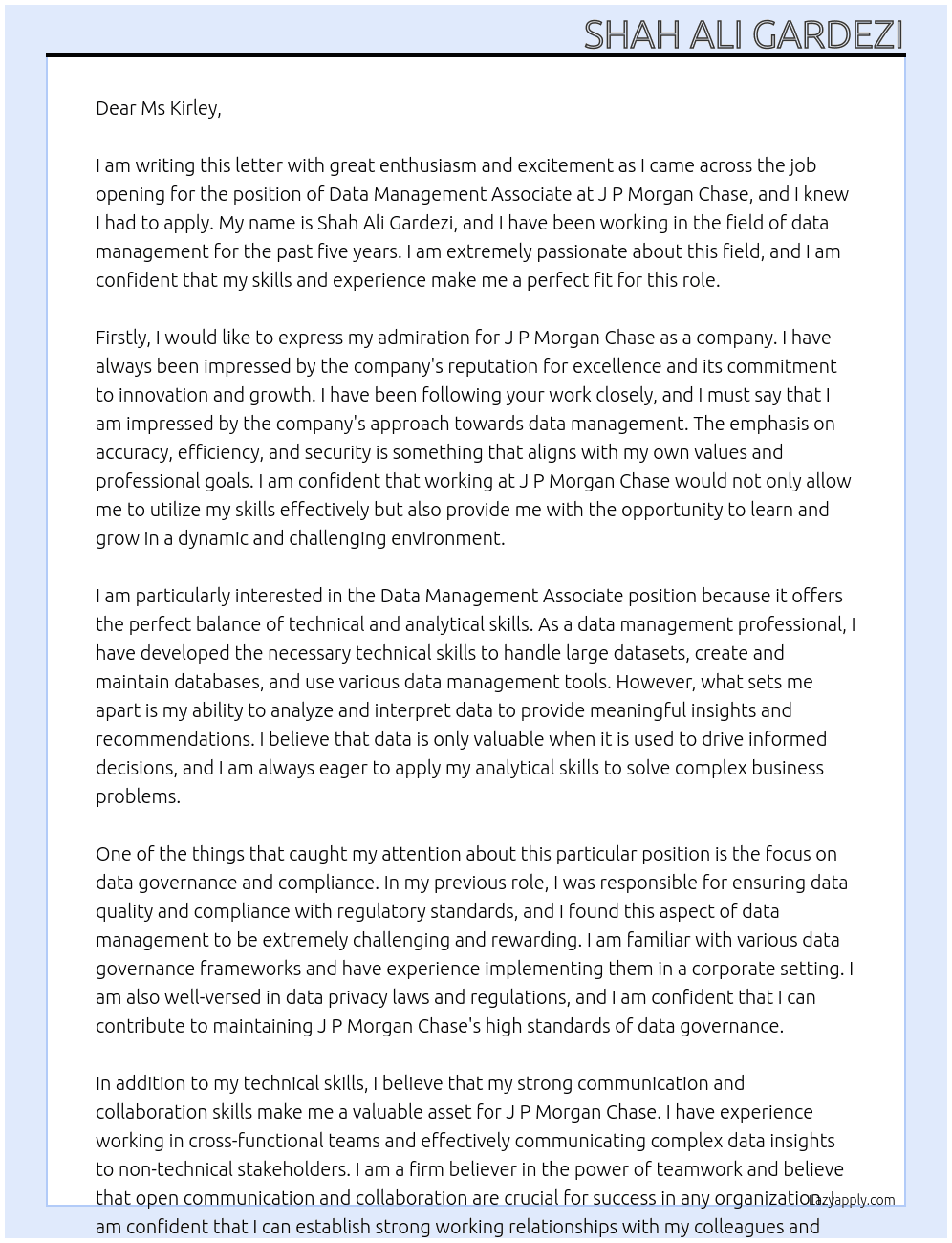 Data Management Associate At J P Morgan Chase Cover Letter