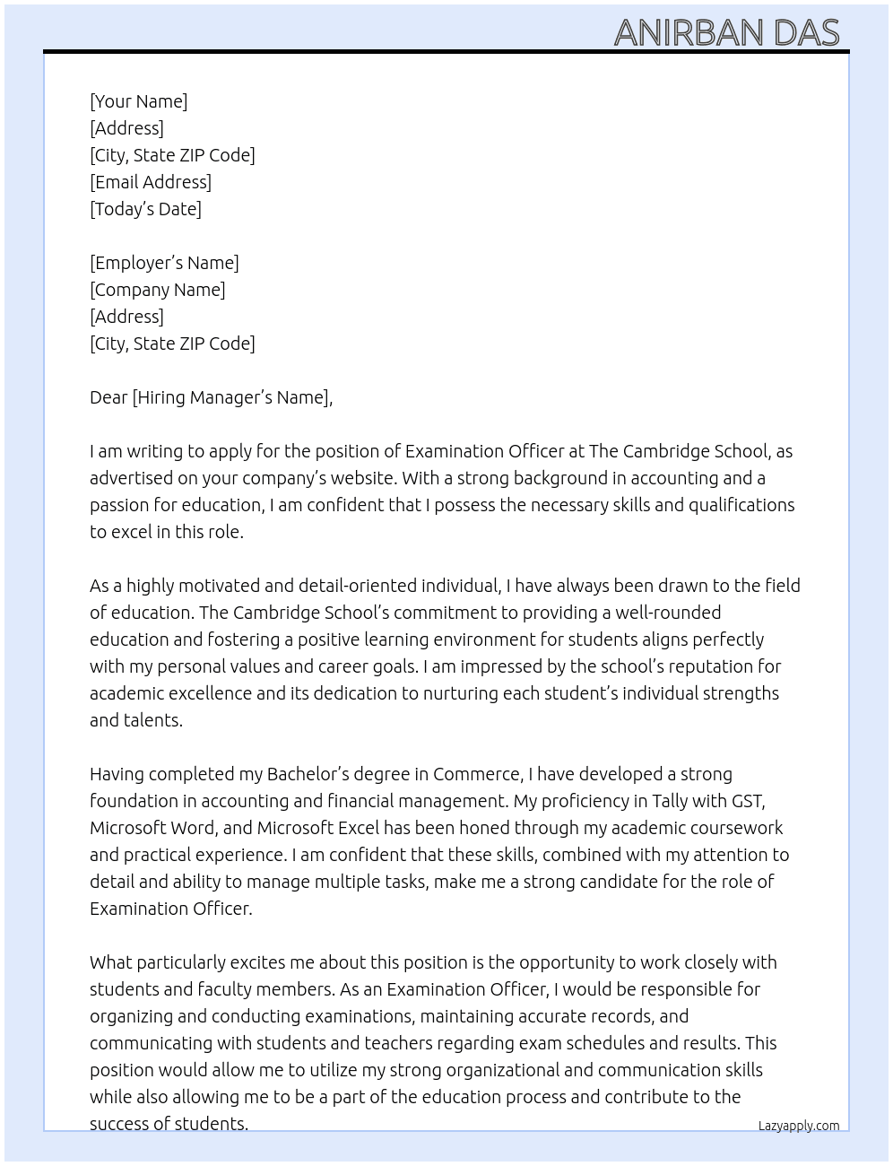 Examination officer  At The Cambridge School  Cover Letter