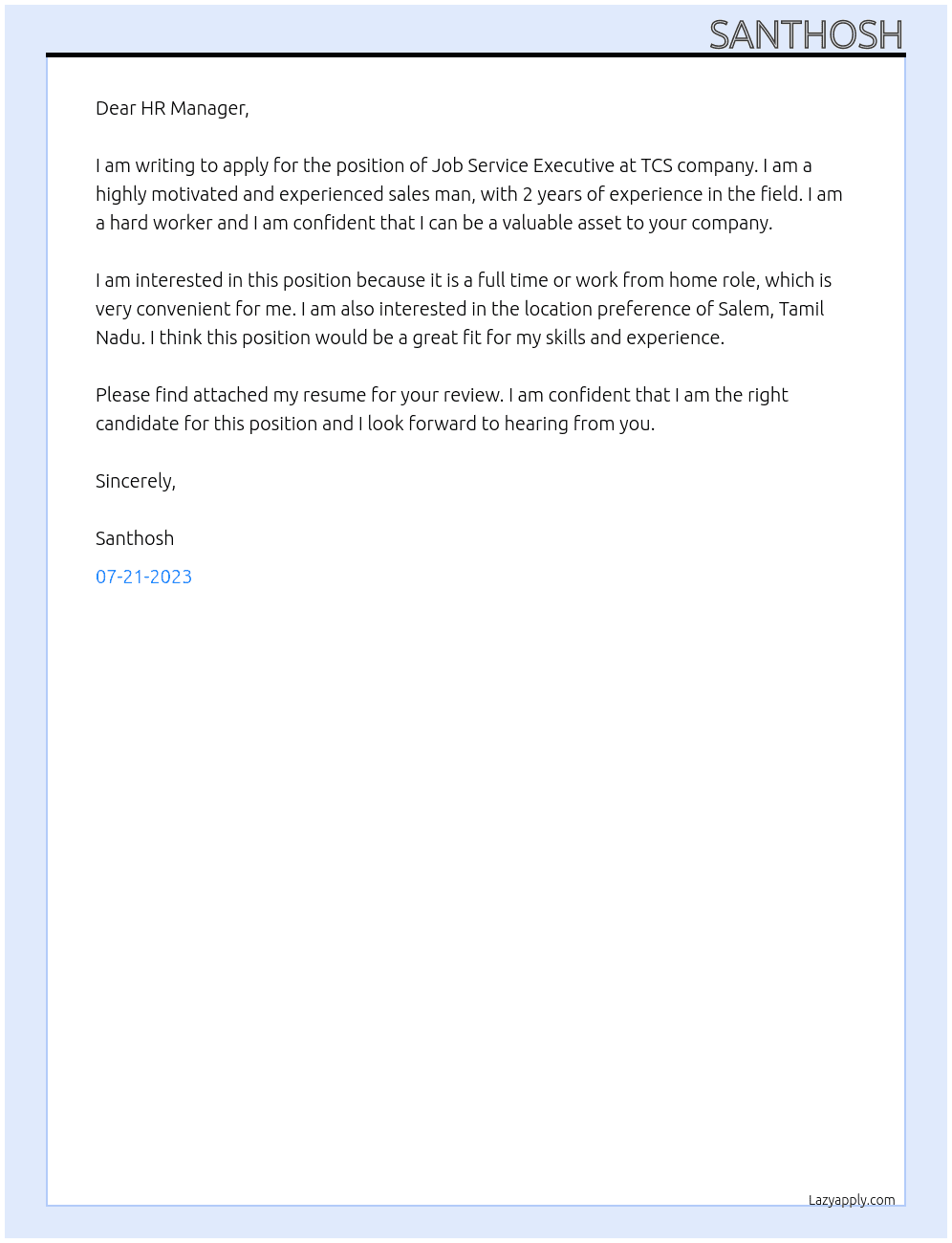 Job service excutive At TCS company Cover Letter