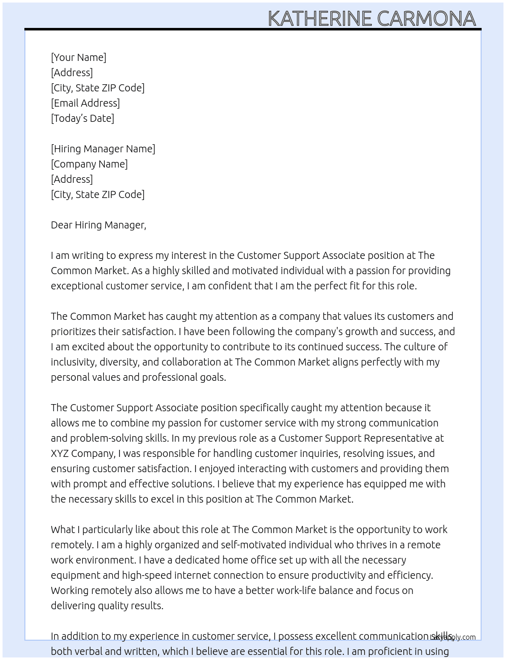 Customer support associate  At The common market Cover Letter